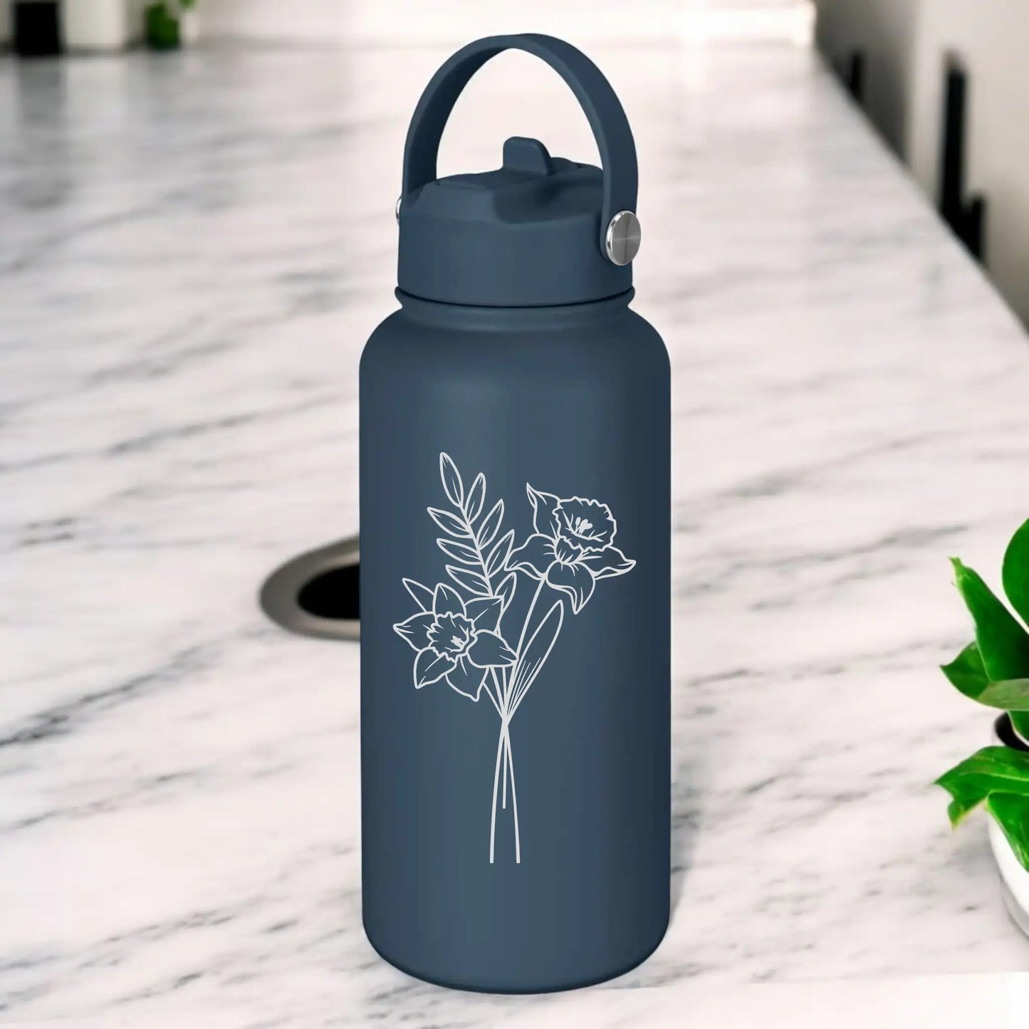 Personalised Engraved 1L Compadre Birth Flower Water Bottle