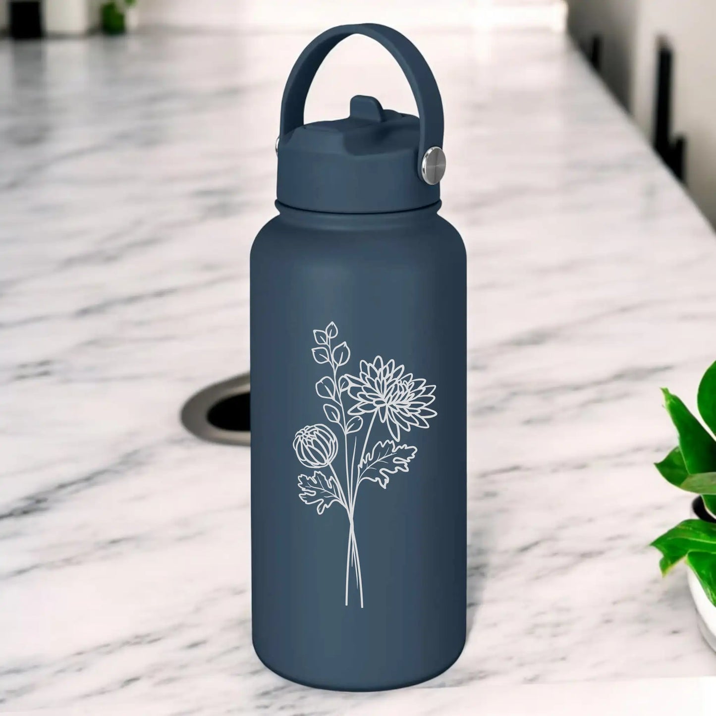 Personalised Engraved 1L Compadre Birth Flower Water Bottle