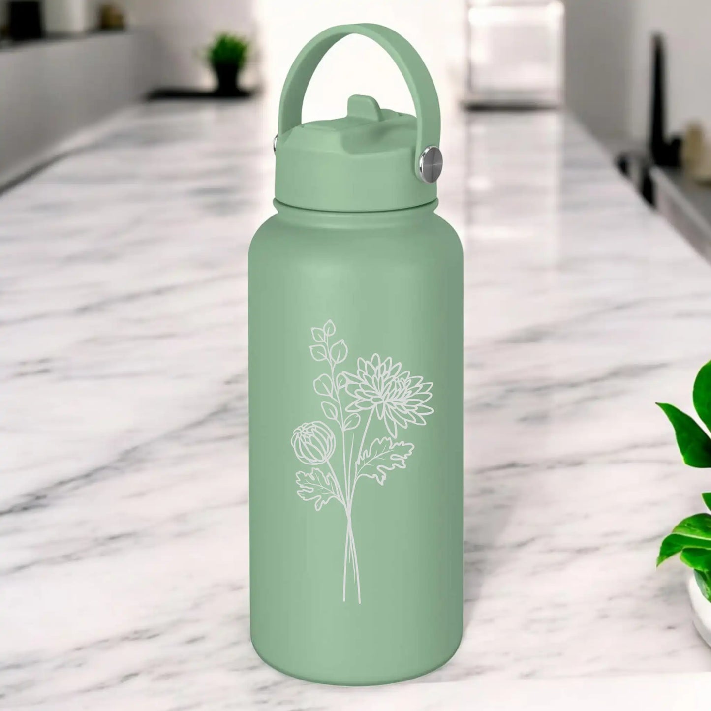 Personalised Engraved 1L Compadre Birth Flower Water Bottle