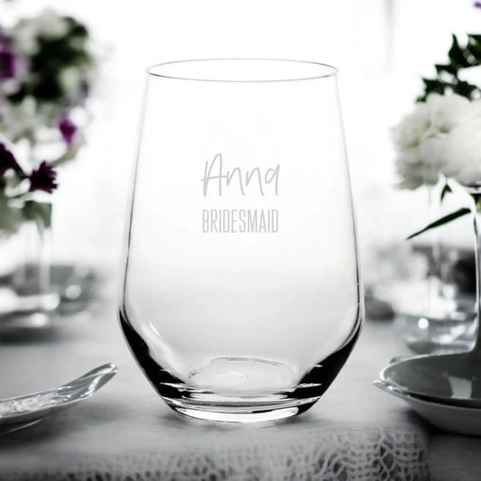 Engraved Personalised Stemless Wine Glass (Name + Title) - Font A