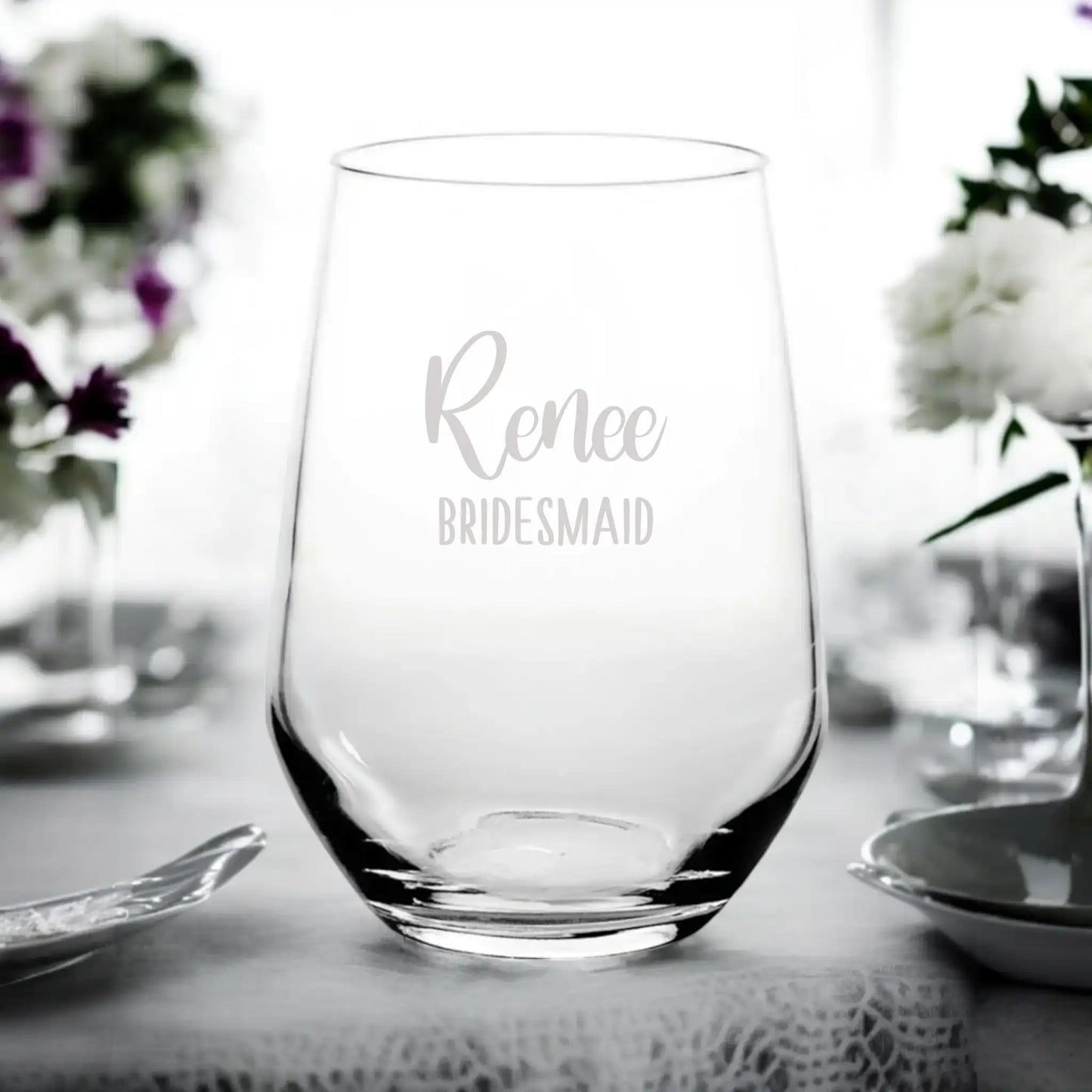 Engraved Personalised Stemless Wine Glass (Name + Title) - Font B