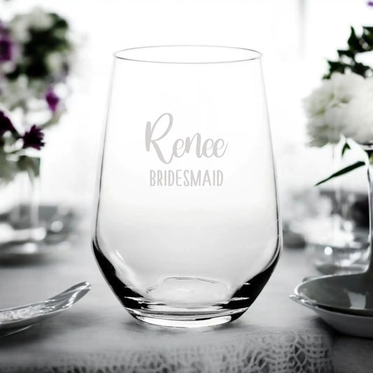 Engraved Personalised Stemless Wine Glass (Name + Title) - Font B