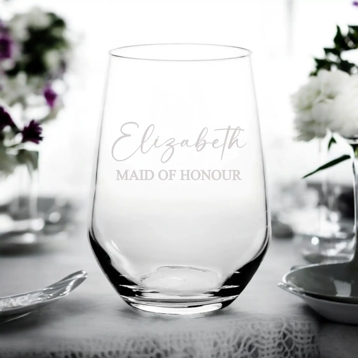 Engraved Personalised Stemless Wine Glass (Name + Title) - Font C