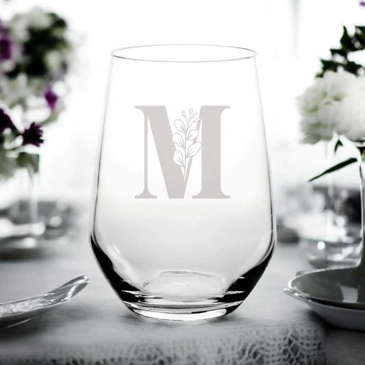 Engraved Stemless Wine Glass - Botanicals Monogram