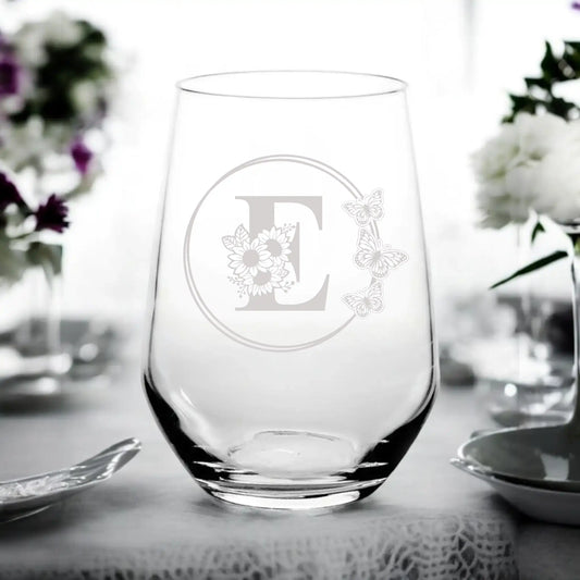 Engraved Stemless Wine Glass - Floral Butterfly Monogram