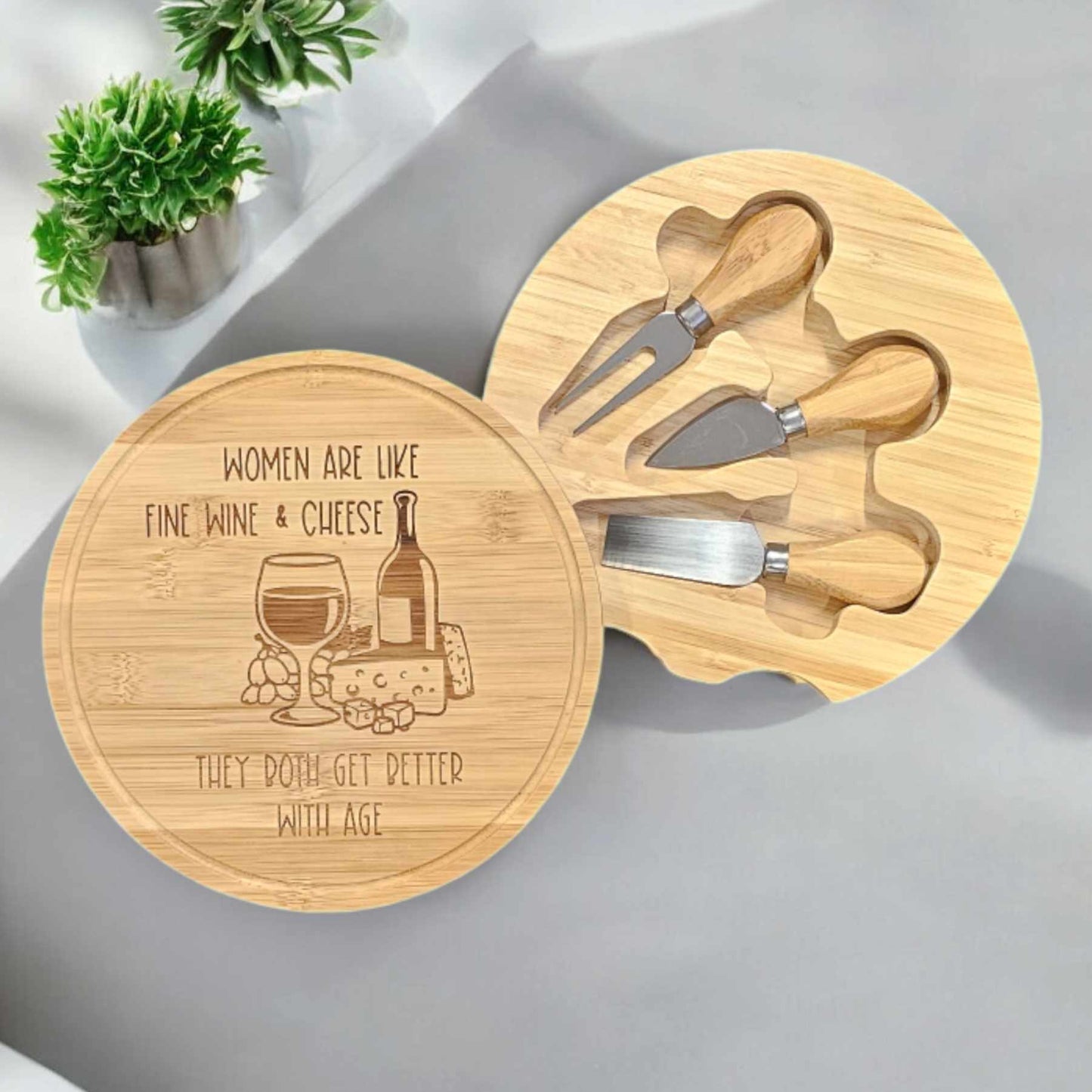 Women are like fine wine & cheese, they both get better with age - Bamboo Cheese Board & Knife Set