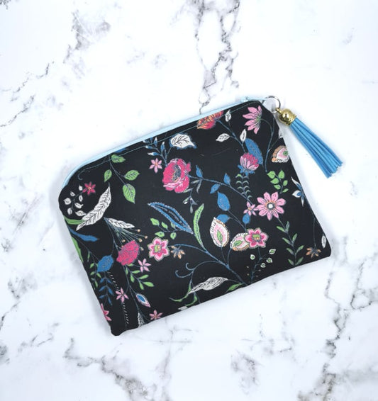 Personalised Make Up Purse - Black and Multi Coloured Floral