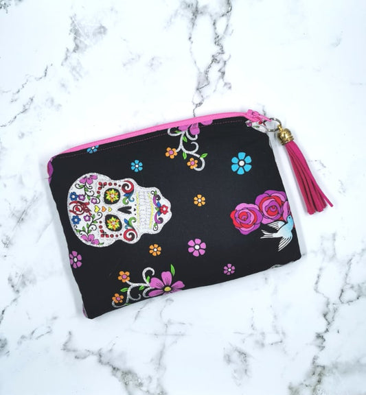 Personalised Make Up Purse -Black with Skulls & Flowers