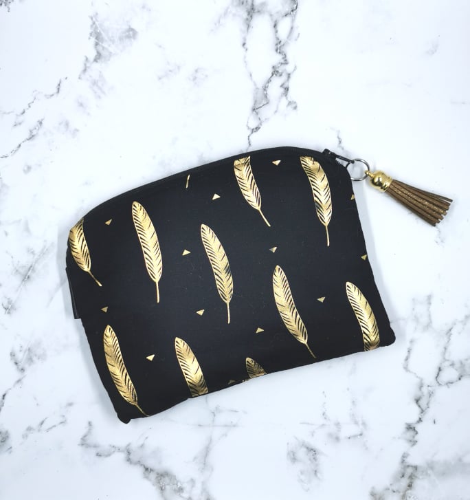 Personalised Make Up Purse - Black with Metallic Gold Feathers