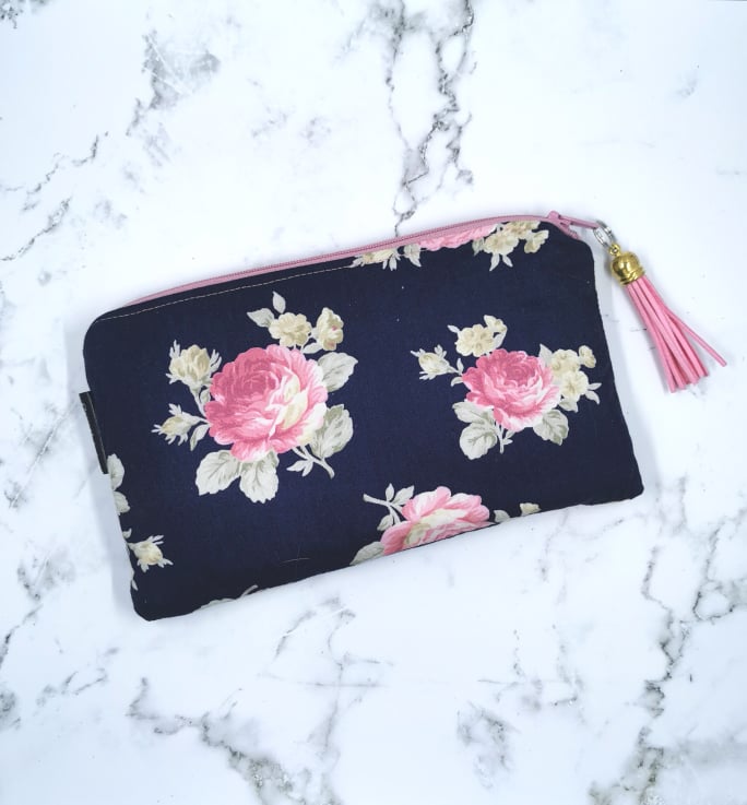 Personalised Make Up Purse - Navy & Pale Pink Floral