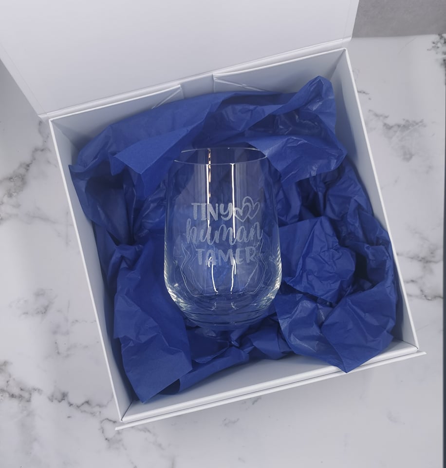 Tiny Human Tamer - Engraved Stemless Wine with Optional Matching Gift Box