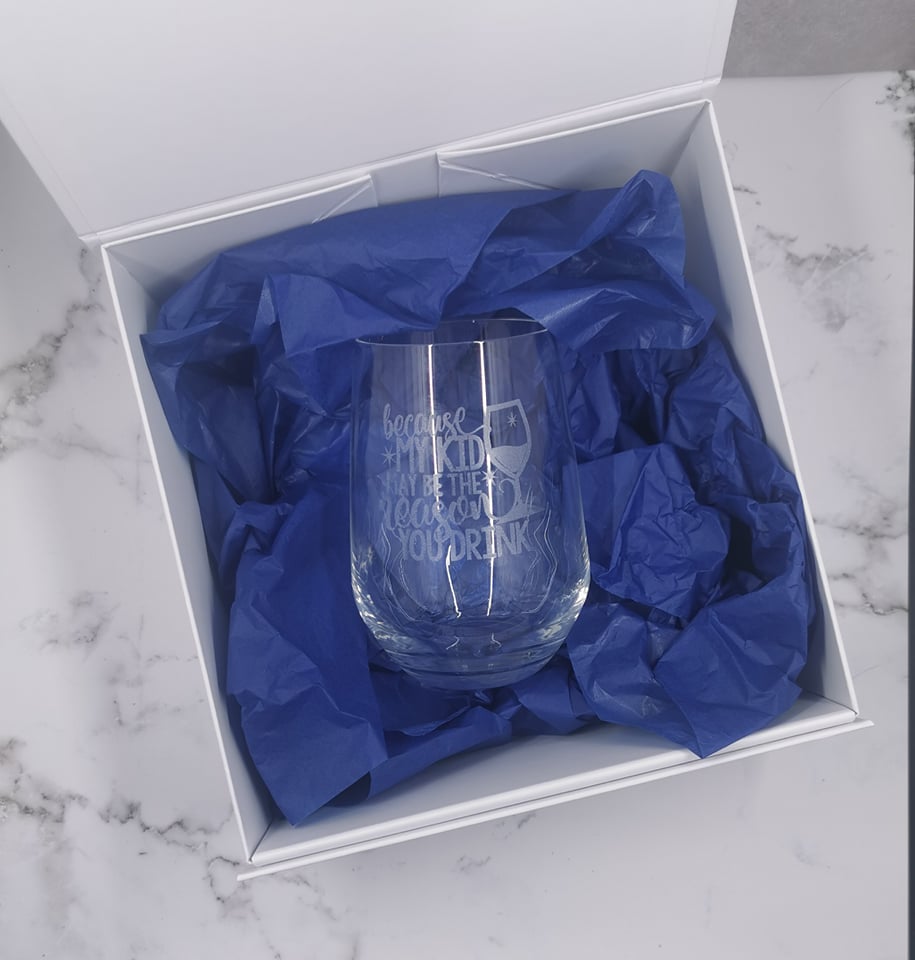 Because my Kid may be the Reason you Drink - Engraved Stemless Wine Glass with Optional Matching Gift Box