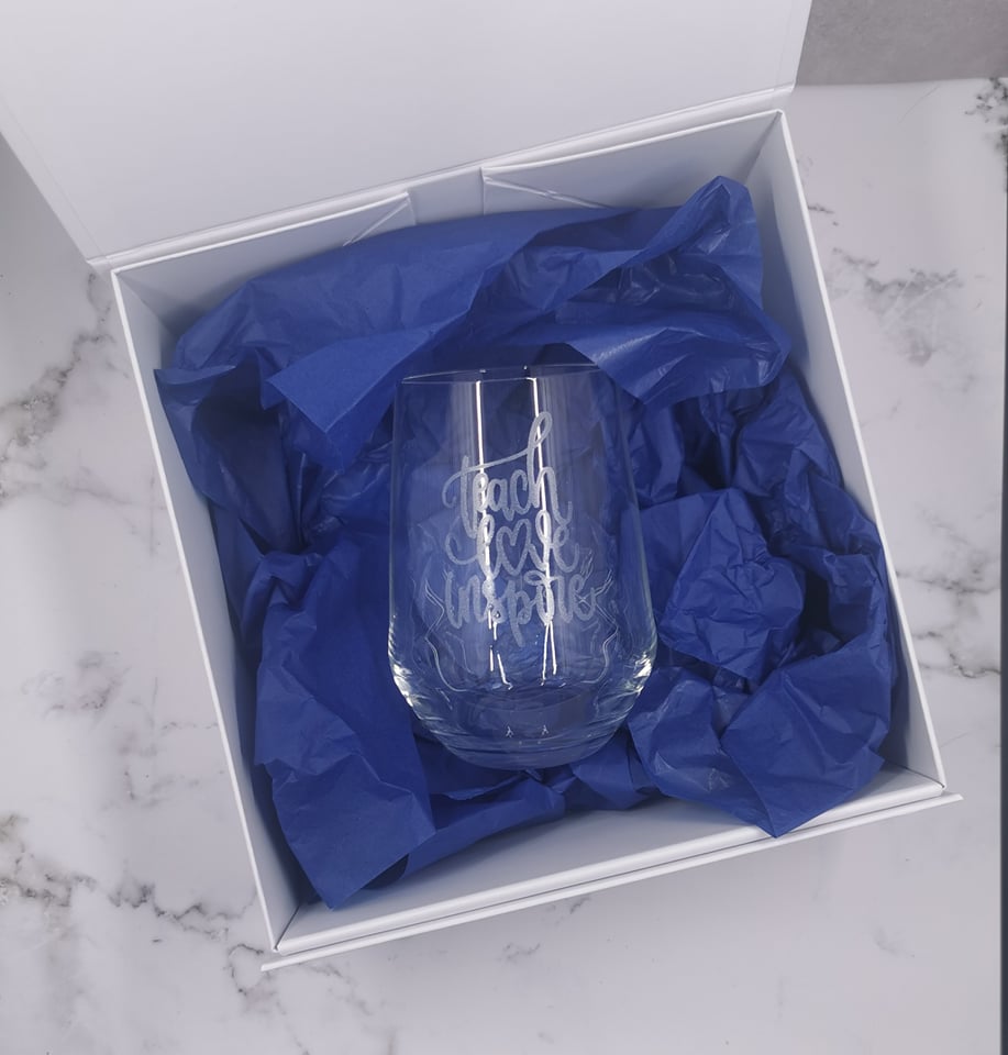 Teach, Love, Inspire - Engraved Stemless Wine Glass with Optional Matching Gift Box