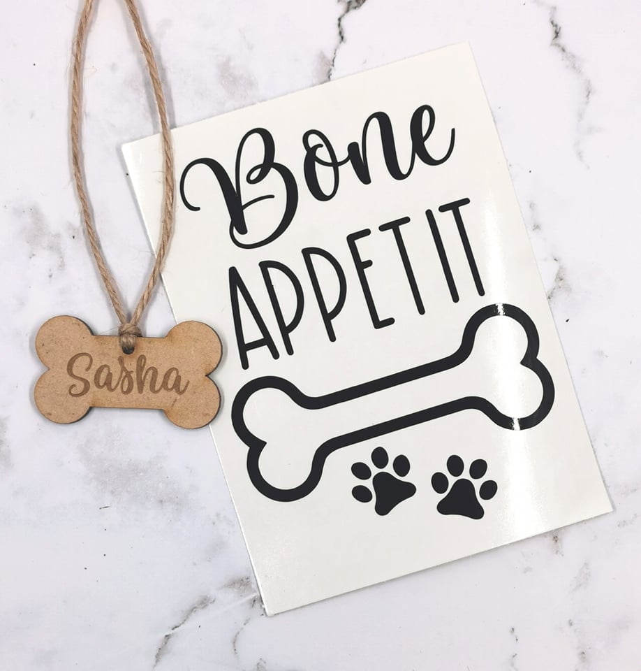 "Bone Appetit" Decal + Name Tag for Dog Treat Jar