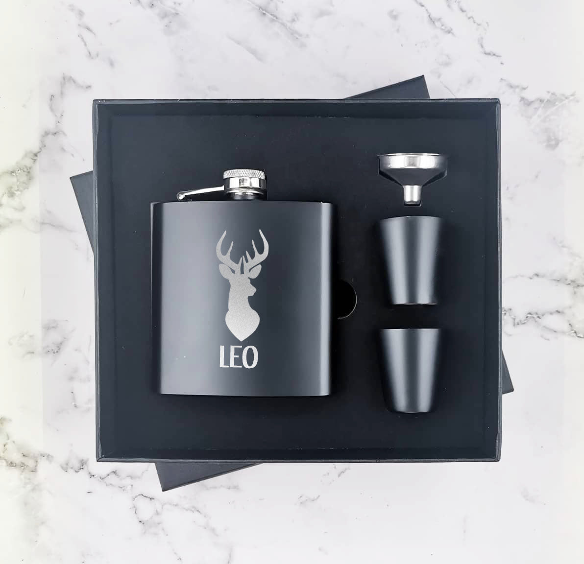 Personalised Stag Head Hip Flask Gift Set