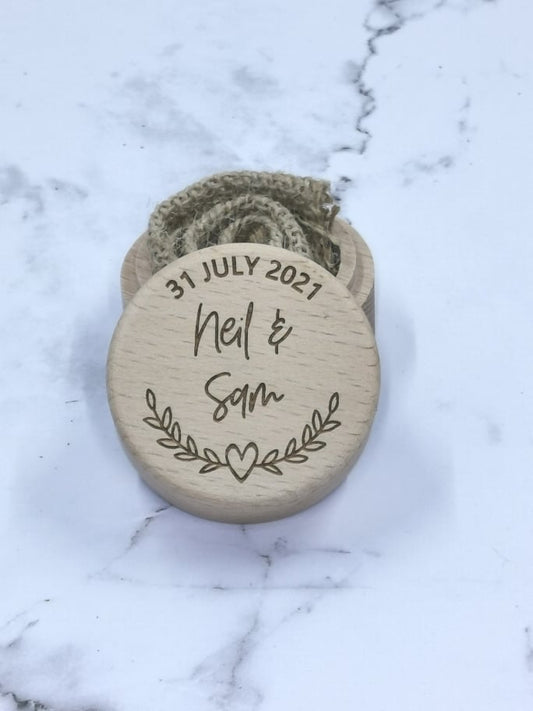 Names & Half Wreath - Personalised Ring Box - Round