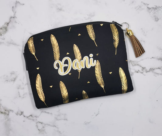 Personalised Make Up Purse - Black with Metallic Gold Feathers