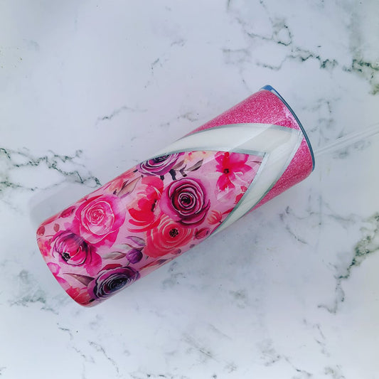 Pink Rose & Glitter Tracksuit Split Tumbler - 20oz Skinny