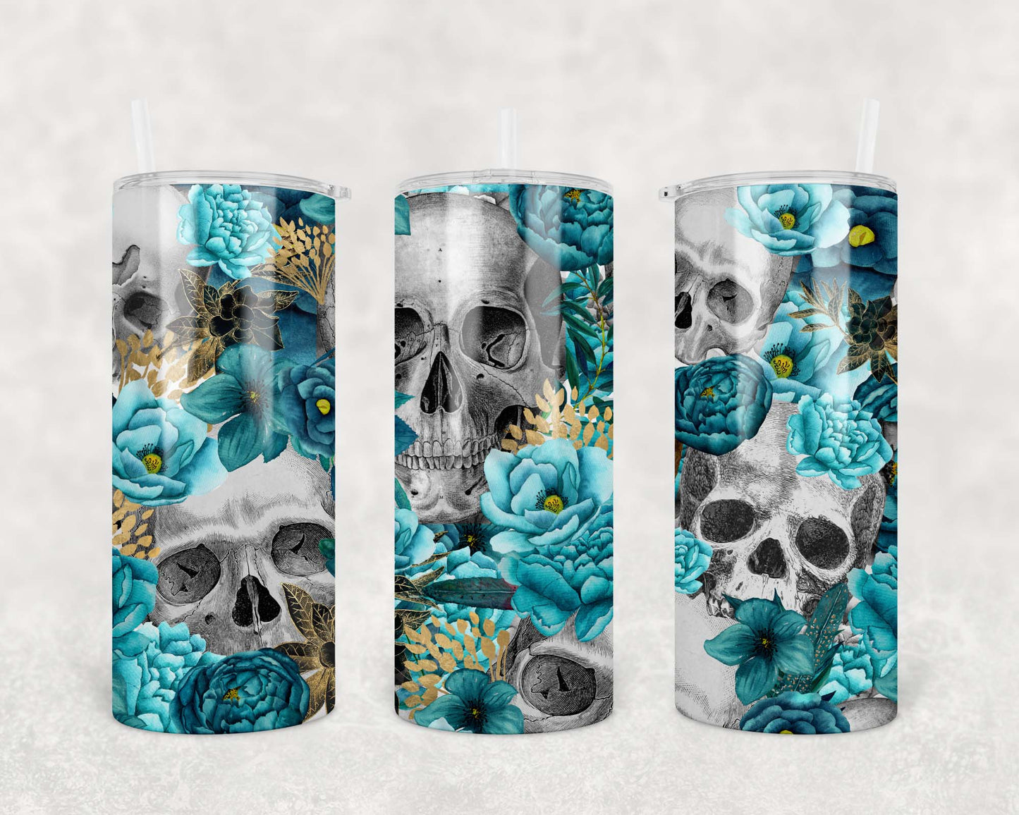 Floral Skull Blue Teal Tumbler 15oz (443mls)