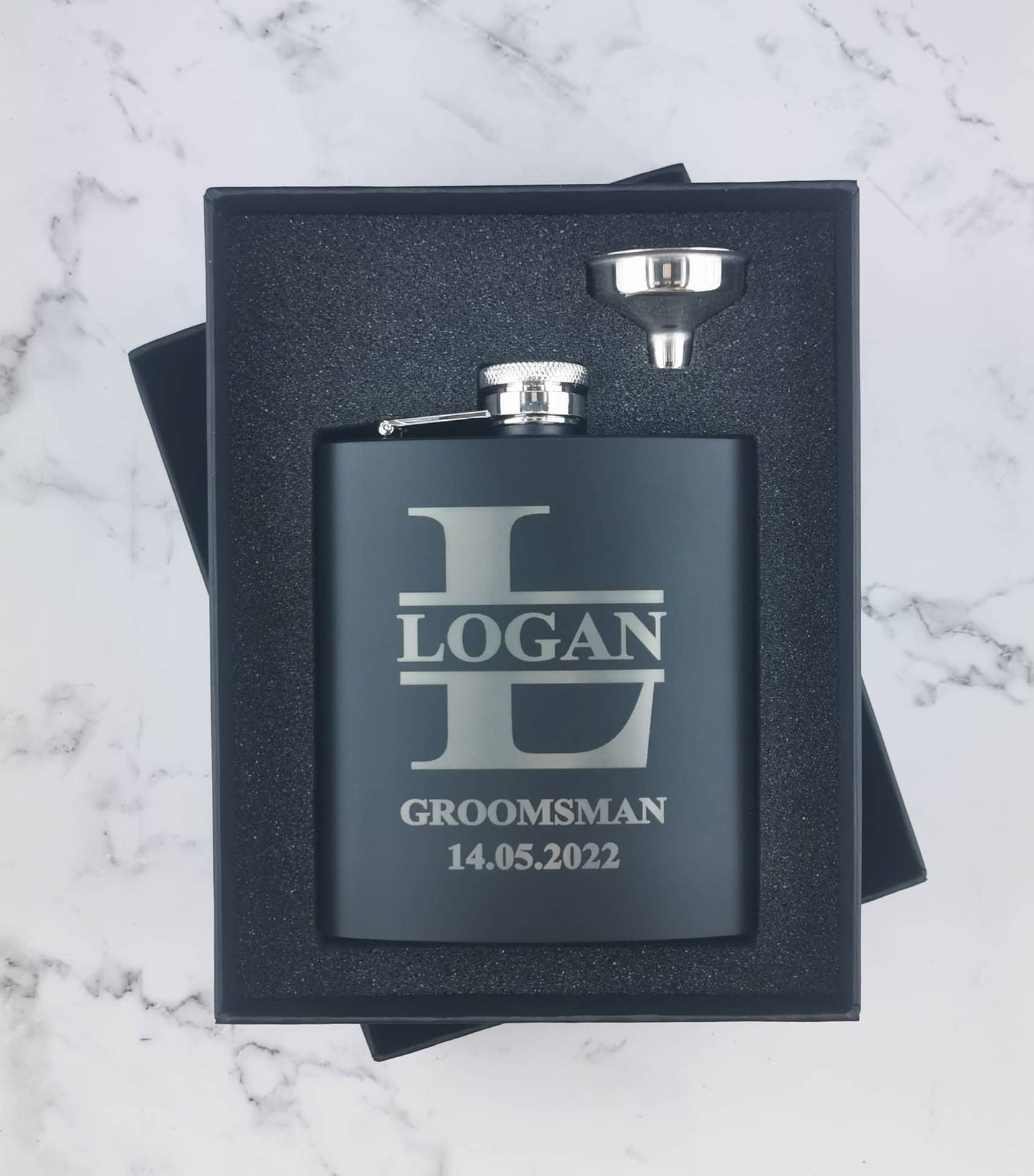 Personalised Black Hip Flasks - Split Monogram