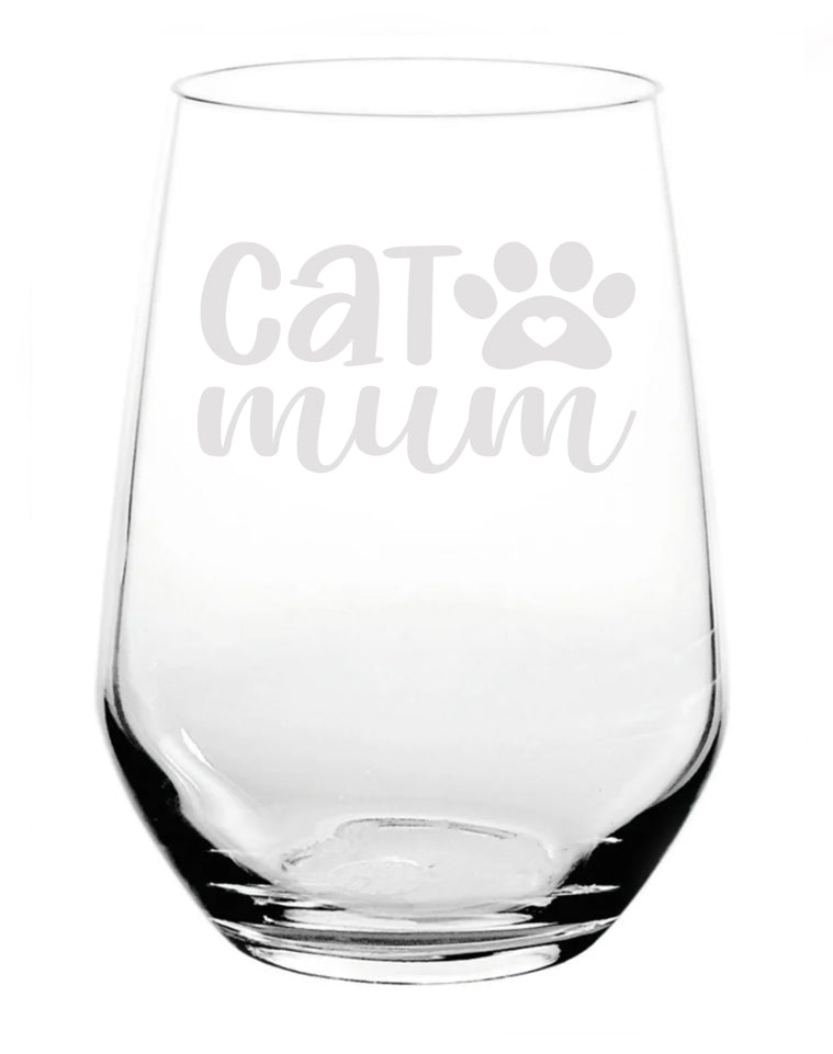 Cat Mum - Laser Engraved Stemless Wine Glass with Gift Box