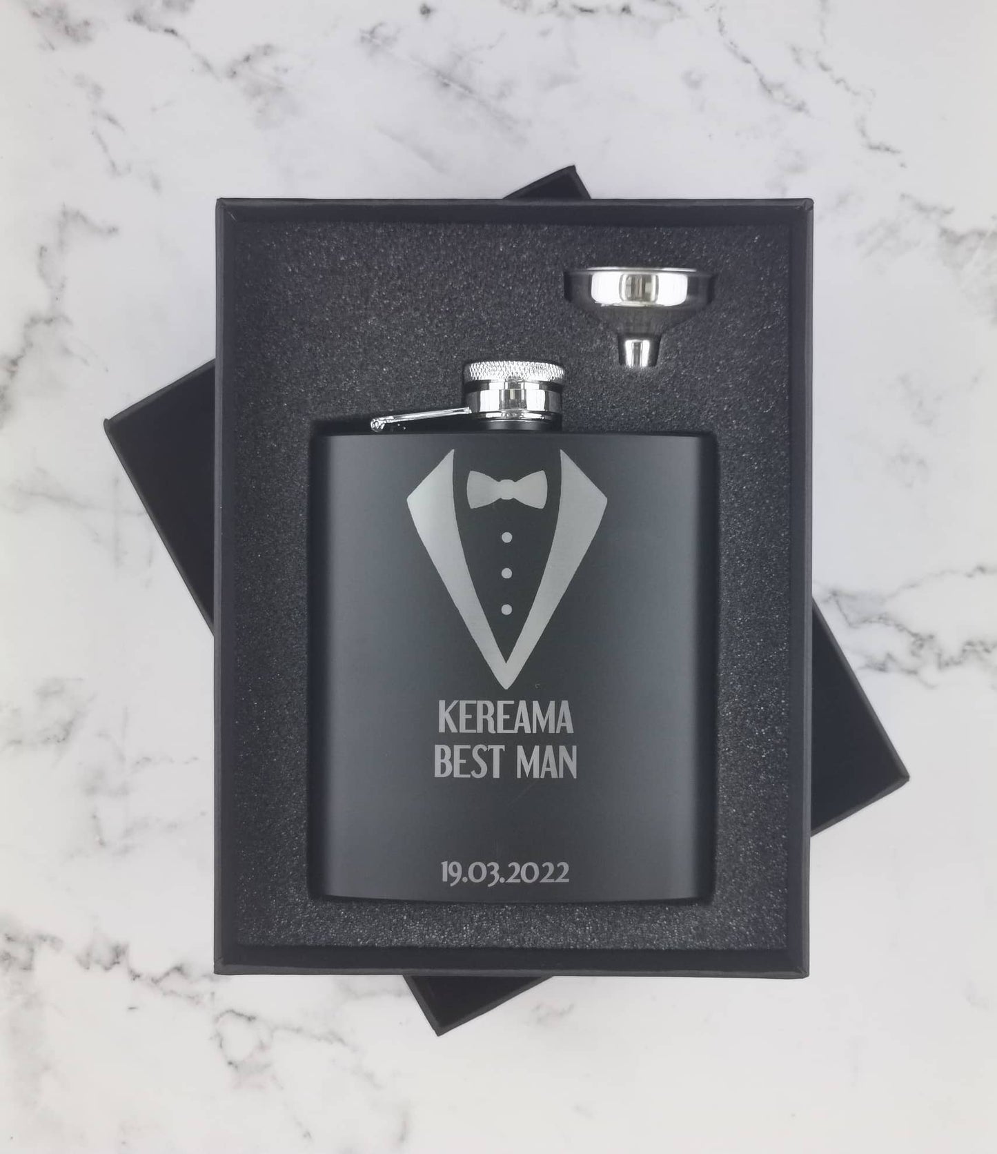 Personalised Black Hip Flasks - Suit Themed