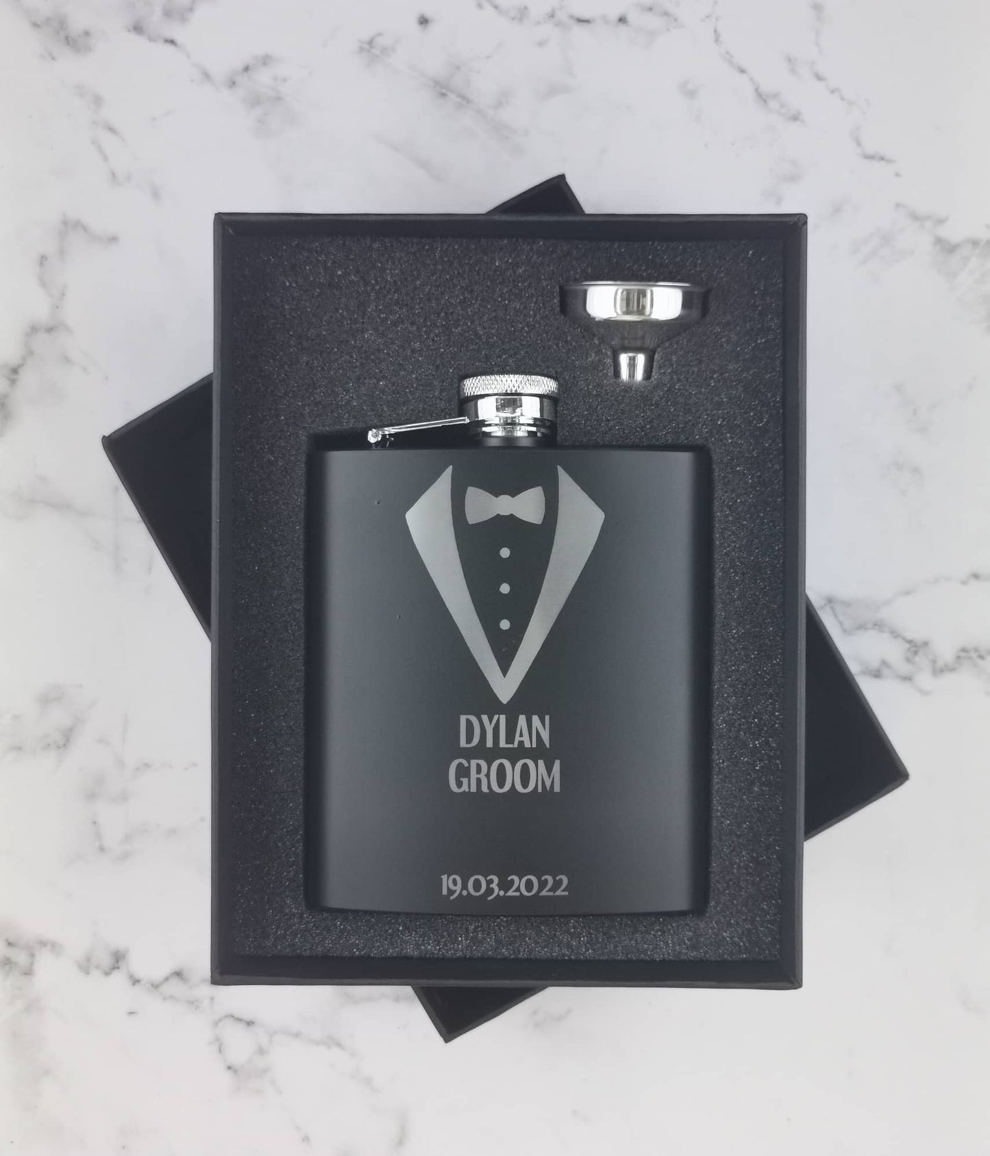 Personalised Black Hip Flasks - Suit Themed