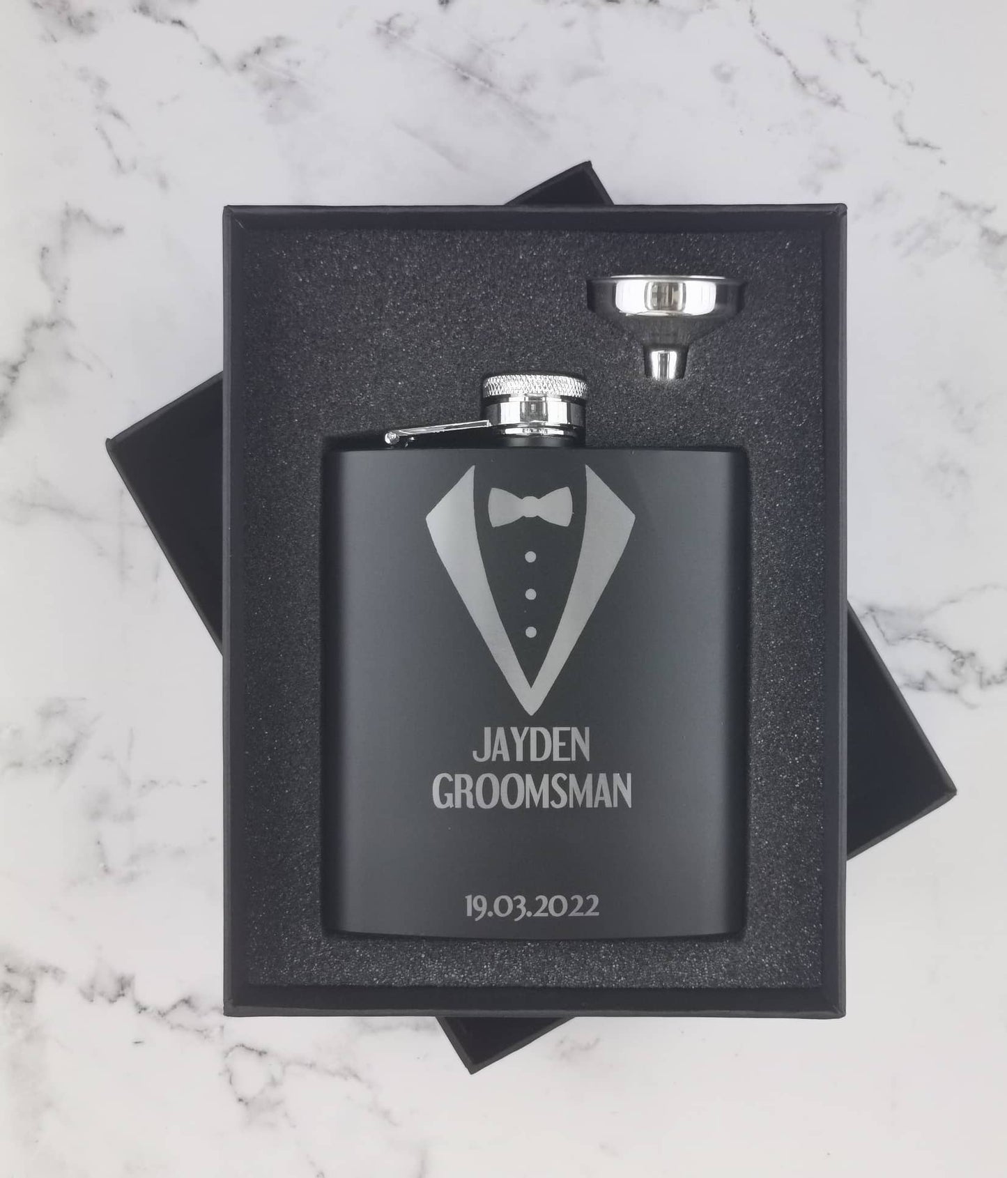 Personalised Black Hip Flasks - Suit Themed