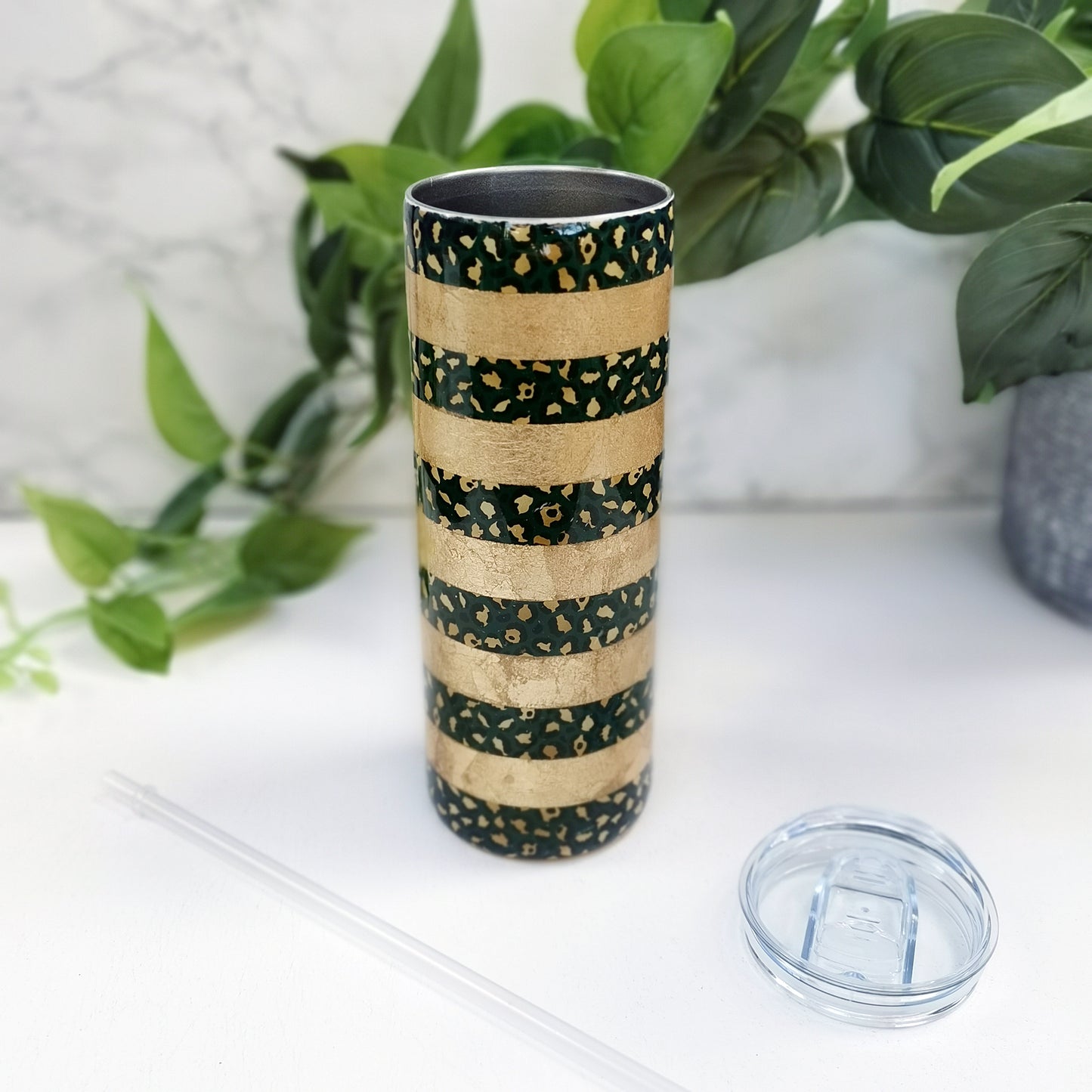 Green & Gold Foil Leopard Print Tumbler - 20oz Skinny