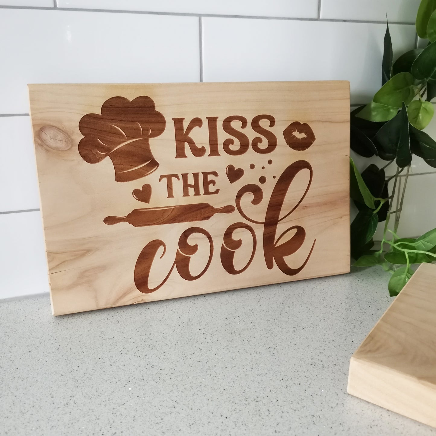 "Kiss the Cook" Bread Board - Macrocarpa