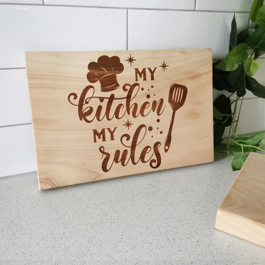 "My Kitchen, My Rules" Bread Board - Macrocarpa