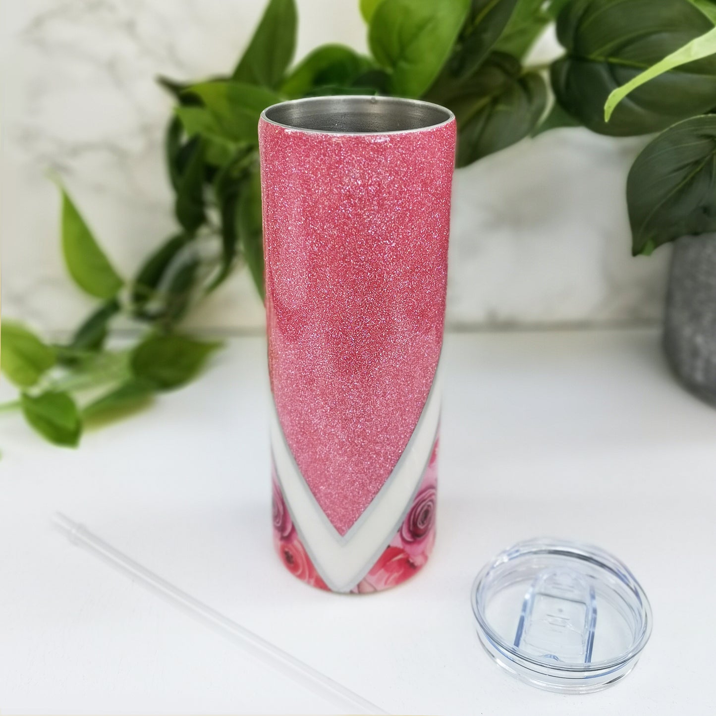 Pink Rose & Glitter Tracksuit Split Tumbler - 20oz Skinny