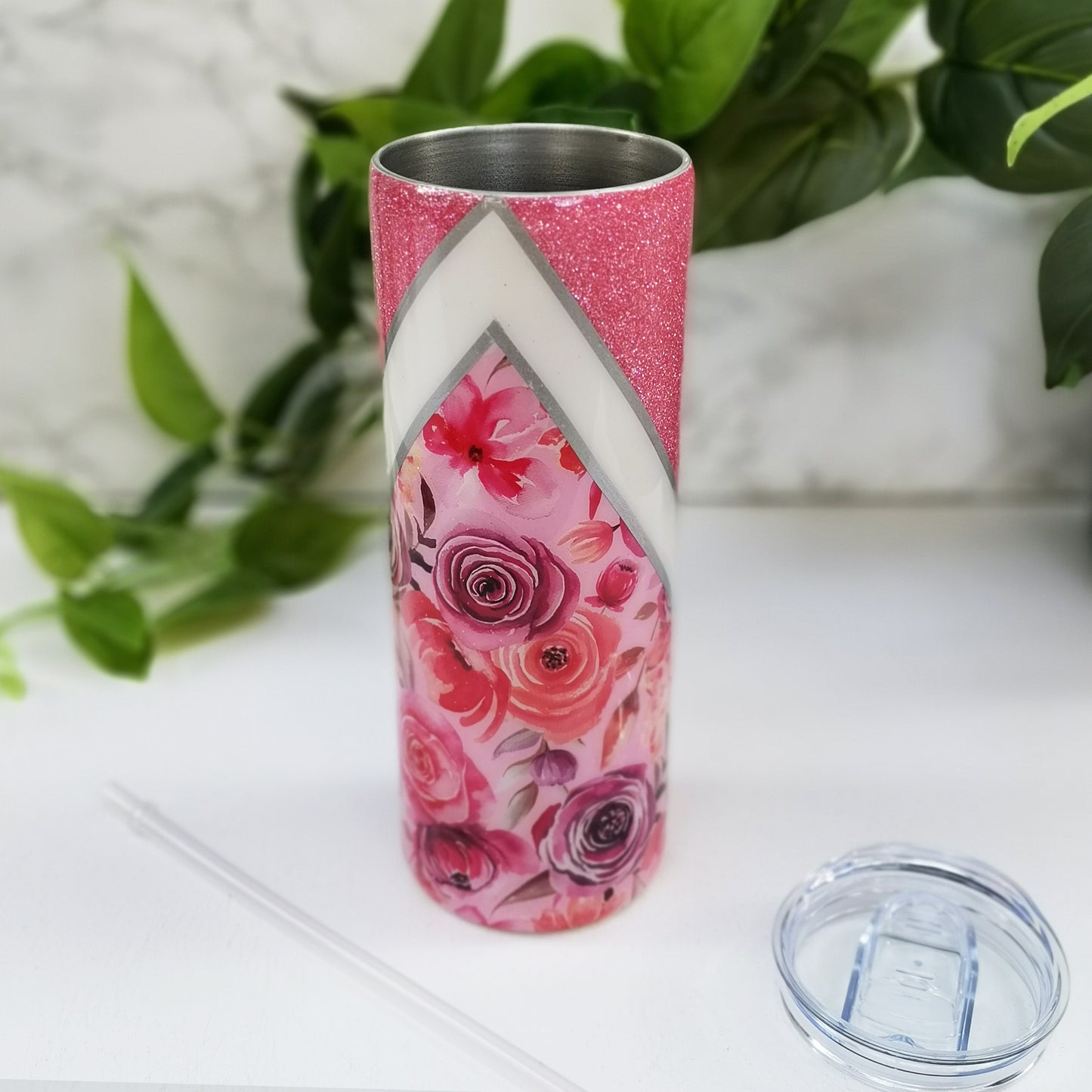 Pink Rose & Glitter Tracksuit Split Tumbler - 20oz Skinny