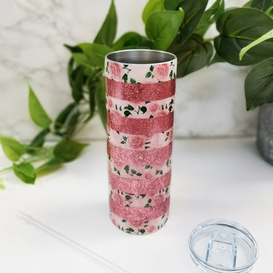 Pink Rose & Foil Striped Tumbler - 20oz Skinny